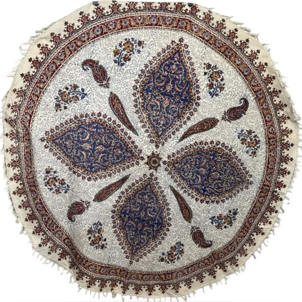 Vintage Round Tablecloth Isfahan Iran Hand Woven Paisley 45” Diameter Borkhar